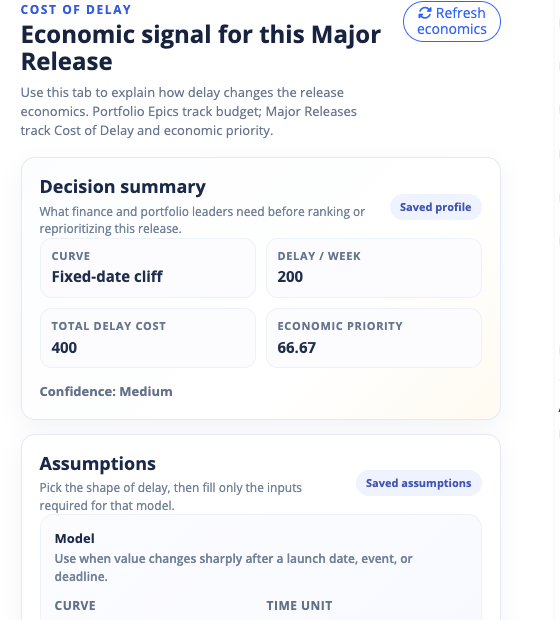 ScrumDo Cost of Delay view showing a decision summary and its saved assumptions
